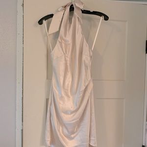 Champagne satin mini dress.